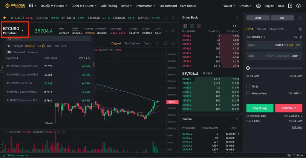 BTC/USD Trading Pair on Binance