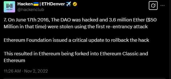 The DAO hack and the rollback that followed | Source: Twitter