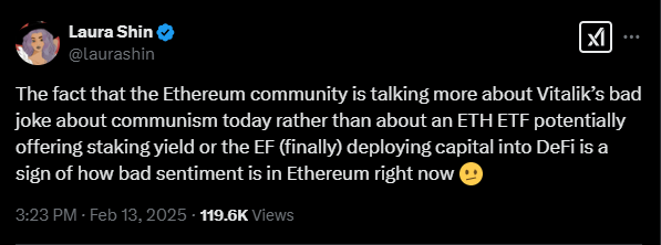 Laura Shin’s comments on Ethereum | Source: Twitter